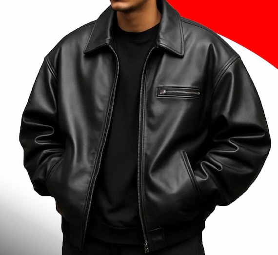 Oversize Black Bomber Leather Jacket Men's | Genuine Leather Baggy