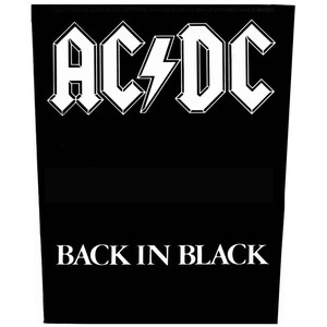 May include: Black graphic with the text "AC/DC" in white, with a lightning bolt in the center. Below the band's name is the text "BACK IN BLACK" in white. The background is solid black.