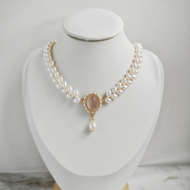 Double Strand Pearl Necklace, Handmade Rose Quartz Choker, Dainty ...