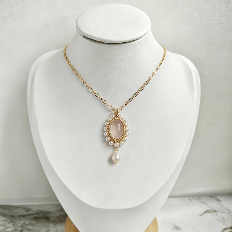 Double Strand Pearl Necklace, Handmade Rose Quartz Choker, Dainty ...