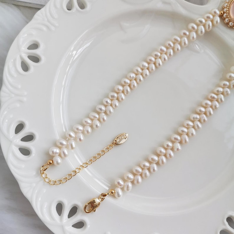 Double Strand Pearl Necklace, Handmade Rose Quartz Choker, Dainty ...