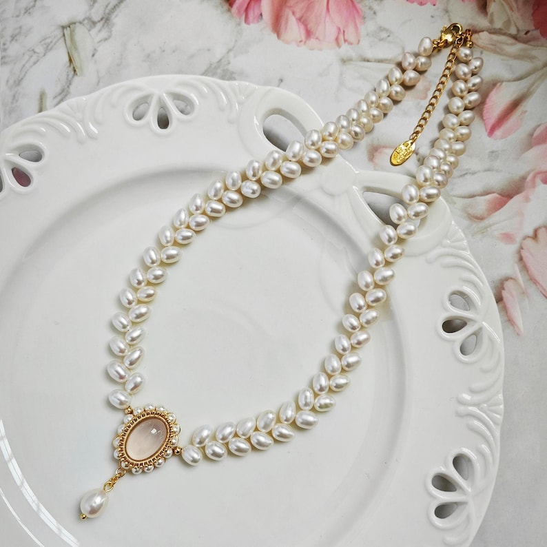 Double Strand Pearl Necklace, Handmade Rose Quartz Choker, Dainty ...