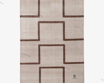 Geometrisch handgeknoopt | Beige en bruin lijnpatroon | Wollen vloerkleed luxe Turks ontwerp voor woonkamer slaapkamer op maat 9 x 12, 10 x 14