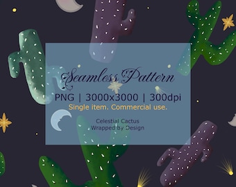 Celestial Cactus Seamless Pattern, Desert Night Sky Print, Stars and Cacti Digital Paper, Boho Cosmic Pattern, 3000x3000 PNG