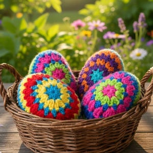 May include: A wicker basket containing four brightly coloured, crocheted Easter eggs. The eggs display vivid patterns in pink, blue, yellow, orange, and purple. The basket is made of brown wicker and rests on a wooden surface.