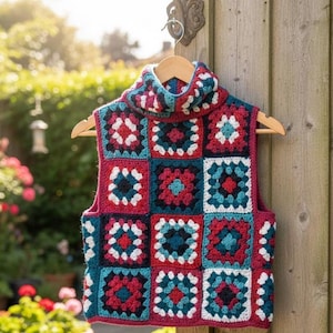 Op de afbeelding: Een kleurrijk, handgemaakt gehaakt vest met een coltrui. Het vest heeft een patchwork-ontwerp met vierkanten in rood, teal, wit en marineblauw. Het hangt aan een houten hanger tegen een houten hek.
