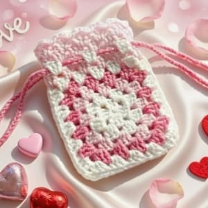 May include: A handmade crochet drawstring bag in shades of pink and white. The bag features a granny square design and a pink drawstring closure. The background includes heart-shaped candies and rose petals, suggesting a romantic theme.