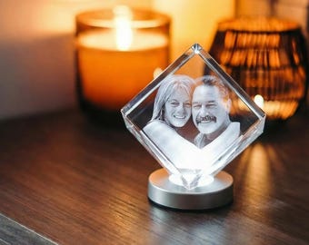 Personalized 3D Photo Diamond Crystal with LED Light Base – Custom Laser Engraved K9 Crystal Keepsake – Anniversary, Wedding, Memorial Gift