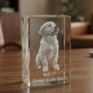 May include: A clear, rectangular crystal block with a 3D image of a light-coloured puppy. The puppy is looking upwards. The text "Billy ♡ Forever In Our Hearts" is etched at the bottom of the block.