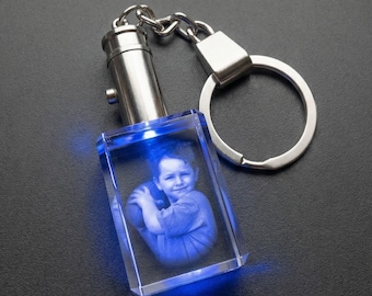 Personalized LED Crystal Keychain, Custom Photo Engraved Light Up Key Ring, Valentine's Day Gift