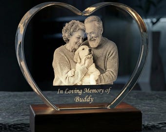 Personalized 3D Pet Portrait, Dog Memorial Gift, Tabletop Decor, 4K HD Laser Etched, Cat Lovers, Dog Sympathy Keepsake | 3D Crystal Heart