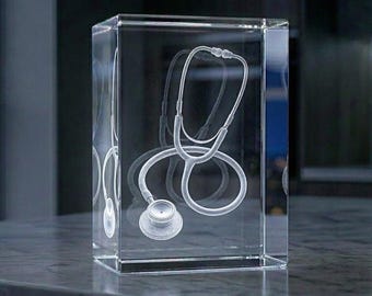 Custom 3D Stethoscope Artwork, Doctor Retirement Gift, Medic Tools, Office Decor, Graduation Gift, Laser Etched Print | 3D Crystal Rectangle