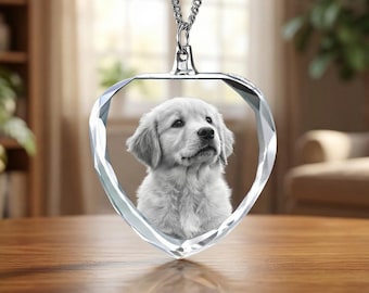 Custom Pet Photo Necklace, Heart Crystal Pendant, Memorial Keepsake, Dog Cat Portrait