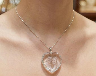 Custom Heart Photo Crystal Necklace – Engraved Picture Pendant – Gift for Her – Anniversary Valentine Gift