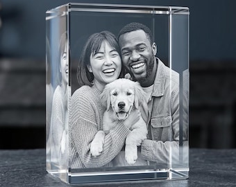 Custom 3D Photo Crystal Rectangle, 4K HD Laser Etched Glass Keepsake, Anniversary, Couples & Pet Lovers Gift