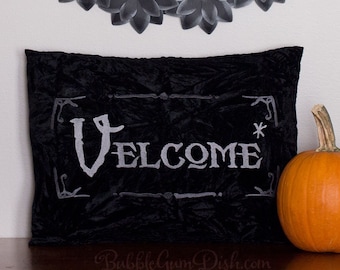 Velcome Funny Halloween Pillow Cover Vampire Welcome Greeting Embroidered Black Velvet 12 x 16