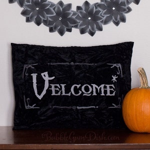 Velcome Funny Halloween Pillow Cover Vampire Welcome Greeting Embroidered Black Velvet 12 x 16 image 1