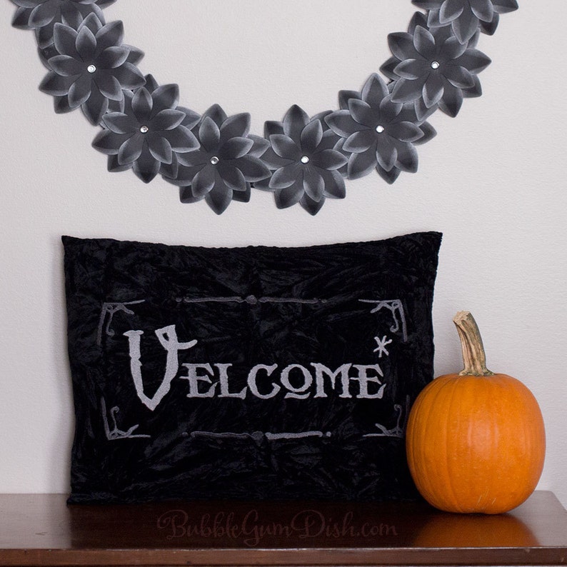 Velcome Funny Halloween Pillow Cover Vampire Welcome Greeting Embroidered Black Velvet 12 x 16 image 1
