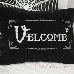 Velcome Funny Halloween Pillow Cover Vampire Welcome Greeting Embroidered Black Velvet 12 x 16 image 3