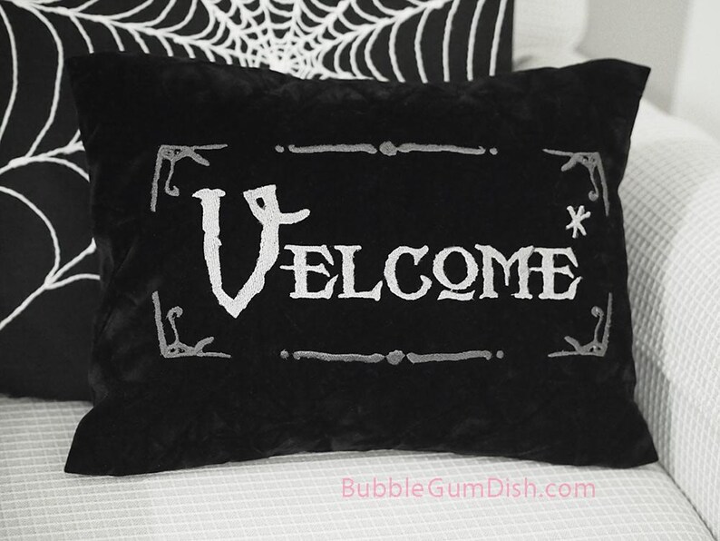 Velcome Funny Halloween Pillow Cover Vampire Welcome Greeting Embroidered Black Velvet 12 x 16 image 3