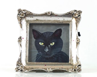 Mini Black Cat Fine Art Print - Framed 3" x 3" - Binx 5 - Halloween Art