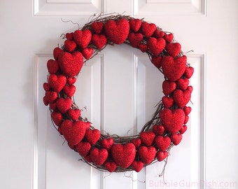 Red Heart Wreath Valentine Heart Wreath Valentine's Day Decor Glittery Red Hearts Grapevine Wreath 18 inch