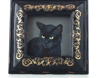 Mini Black Cat Fine Art Print - Framed 3" x 3" - Binx 6 - Halloween Art