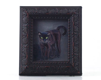 Mini Black Cat Fine Art Print - Framed 2.5" x 3" - Binx 3 - Halloween Art