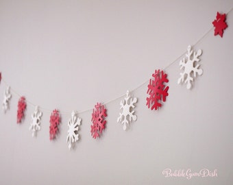 Frozen Snowflakes garland holiday bunting paper 9 Foot Strand Rustic Snowflake Decor in White, Winter White or Alternating Red