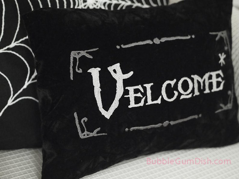 Velcome Funny Halloween Pillow Cover Vampire Welcome Greeting Embroidered Black Velvet 12 x 16 image 4