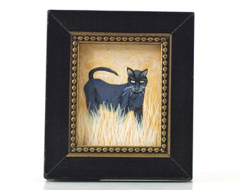 Mini Black Cat Fine Art Print - Framed 2.5" x 3" - Binx 2 - Halloween Art