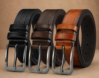 3 Pack Men's Genuine Leather Belts, Adjustable Trim-to-Fit, Classic Buckle, Gift Box