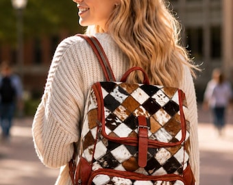 Handmade Patchwork Cowhide Leather Backpack | Hair-On Hide Travel Rucksack