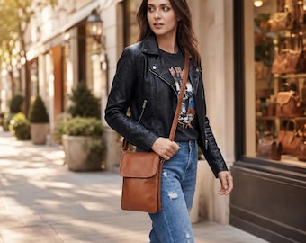 Genuine Leather Phone Crossbody Bag, Lightweight Brown Cell Phone Purse, Minimalist Shoulder Pouch for Women