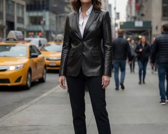 Vintage Black Leather Blazer – 90s Minimalist Sheepskin Jacket