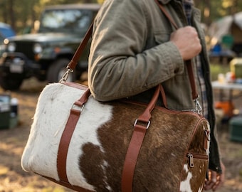 Genuine Hair-on Hide Leather Duffel Bag, Cognac Brown Travel Weekender