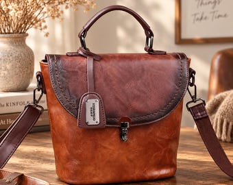 Genuine Leather Crossbody Bag for Women, Dark Brown Retro Satchel, Adjustable Shoulder Strap