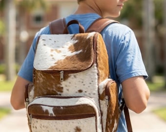 Mens Handmade Hair-On Cowhide Leather Backpack – Rustic Western Daypack, Genuine Leather Bag