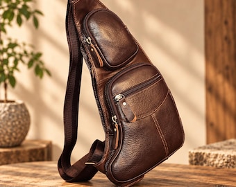 Leather Sling Bag for Men, Top Grain Crossbody Chest Bag, Vintage Style Travel Bag