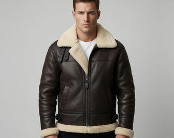 B3 Bomber Leather Jacket Real Shearling Fur WWII Aviator Pilot Flight Sheepskin Winter Coat