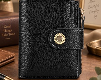 Small Leather Wallet for Women, Cowhide Bifold Card Holder with Zipper and Flower Snap