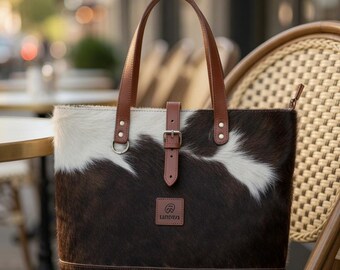 Black Cowhide Hair-On Leather Tote Bag Genuine Leather Large Handbag  Western Boho Shoulder Purse