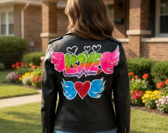 Women's Brando Customized Rider Leather Jacket Hand Painted LOVE Wings Art | Black Motorcycle Biker Jacket | Unique One of a kind