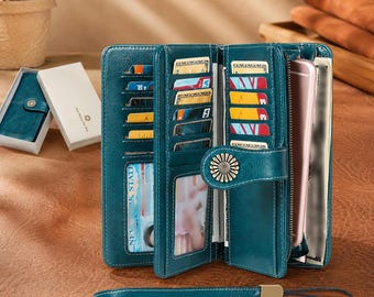 Women’s Genuine Leather RFID Blocking Wallet, Large Capacity Phone Wristlet with 24 Card Slots