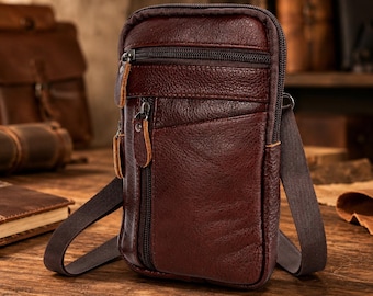 Dark Brown PU Leather Crossbody Phone Pouch Wallet Travel Satchel Bag for Men