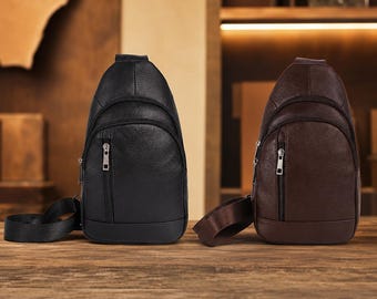 Leather Crossbody Sling Bag for Men: Genuine Leather Travel Chest Bag, Black or Coffee Brown