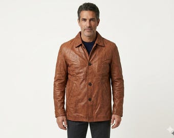 Classic Handmade Tan Brown Leather Jacket Long Car Coat Small - 3XL