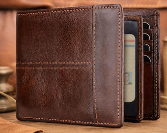 Men’s RFID Top-Grain Leather Bifold Wallet, Multi-Card Holder, Brown or Black