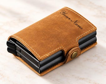 Personalized Leather Wallet for Men, Custom Name Engraving, Pop Up Card Holder, Brown Cowhide
