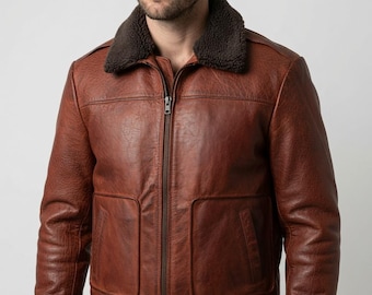 Men's Brown Leather A2 Aviator Bomber Jacket, Removable Sheepskin Collar, Distressed Patina